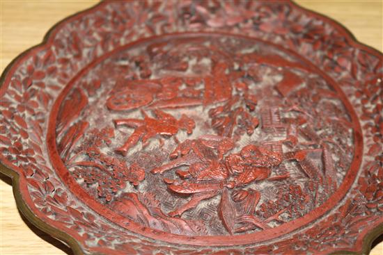 Two Chinese cinnabar simulated lacquer dishes, early 20th century, 23cm, some wear